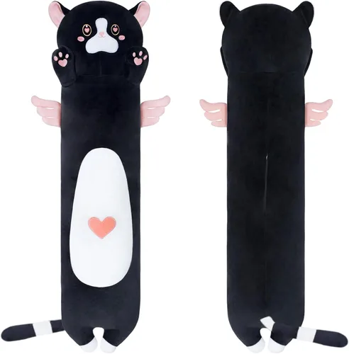 Miniatura 10 de Almohada de gato de felpa suave, almohada larga de juguete de animal de peluche para gatito, regalo para niños, novia (50CM, negro)