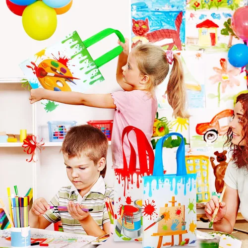 Miniatura 5 de Sweetude 24 bolsas de regalo para fiestas artísticas, bolsas de regalo de pintura no tejida con asas, decoraciones de fiesta de salpicaduras