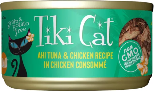 Tiki Cat Luau - Comida húmeda sin granos, baja en carbohidratos, con aves de corral o peces en consomé para gatos adultos y gatitos., Atún y pollo