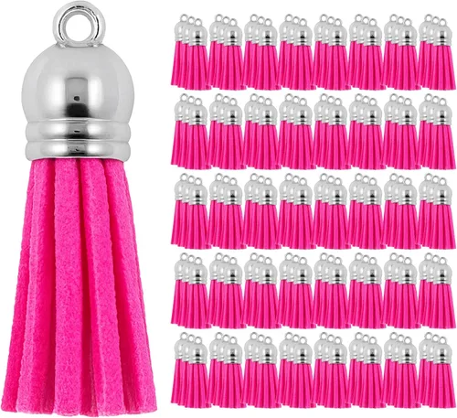Miniatura 76 de Mandala Crafts 100 borlas de gamuza sintética color aguamarina con tapa dorada, suministros para hacer llaveros a granel, pequeñas borlas de cuero