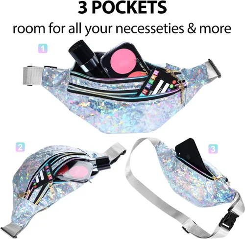 Miniatura 4 de 2 Piezas Holographic Fanny Pack Metallic Color Sport Waistbag para Mujeres Hombres Niños, Diamond Holographic Sliver and Black
