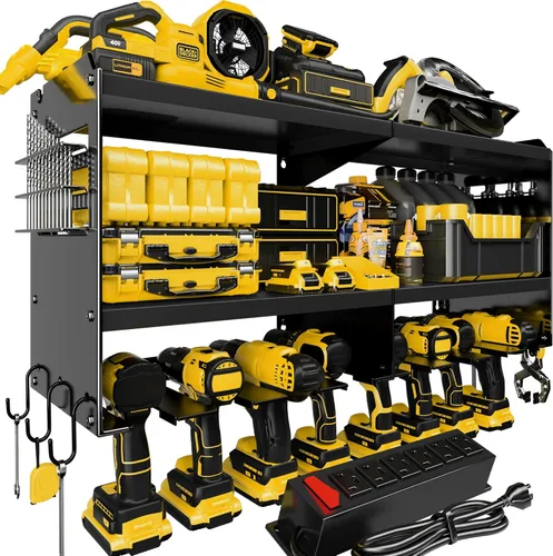 Miniatura 10 de Spampur Organizador grande de herramientas eléctricas de montaje en pared con estación de carga, estante de almacenamiento de herramientas de metal