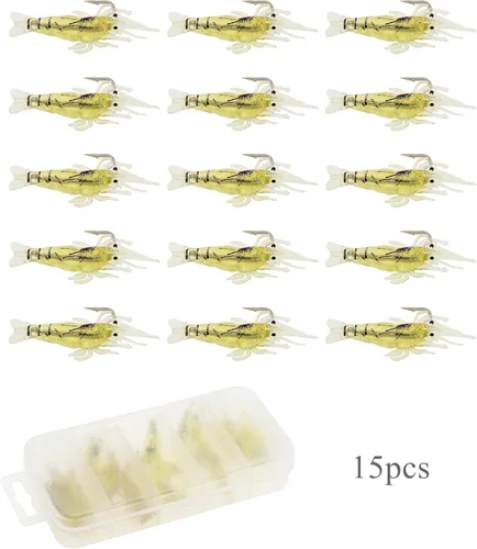 Miniatura 2 de 15 ganchos de cebo de camarón, señuelos de pesca de gambas suaves, señuelos de simulación para trucha y salmón