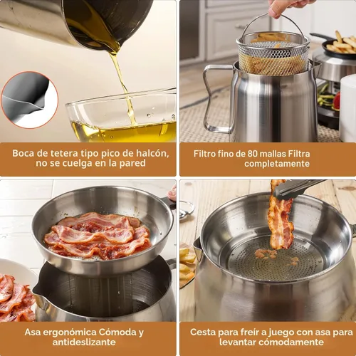 Miniatura 2 de Recipiente de Filtro de Aceite de 2L para Guardar Grasa de Tocino con Colador, Recipiente de Grasa de Tocino de Acero para Verter de 68oz de Gran
