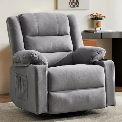 Miniatura 11 de Mecedora reclinable para adultos, silla reclinable giratoria de 360° con masaje y calefacción, mecedora manual con portavasos para sala de estar