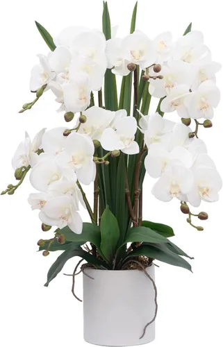 Miniatura 25 de CXGS Planta de orquídeas artificiales de tacto real, orquídeas falsas en jarrón de cerámica, naranja, 19.7 pulgadas, arreglo floral falso