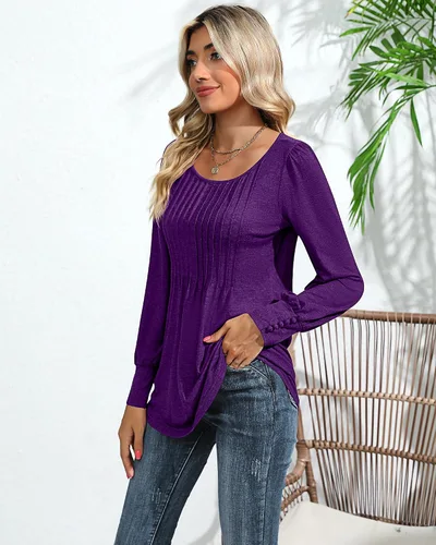 Miniatura 7 de Ficerd Blusa plisada de manga corta abombada para mujer, cuello redondo, elegante, casual, holgada, para primavera y verano