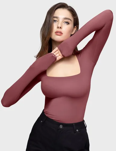 Miniatura 4 de PUMIEY Camisetas de manga larga con cuello cuadrado para mujer, ajustadas, camiseta básica Smoke Cloud Pro Collection