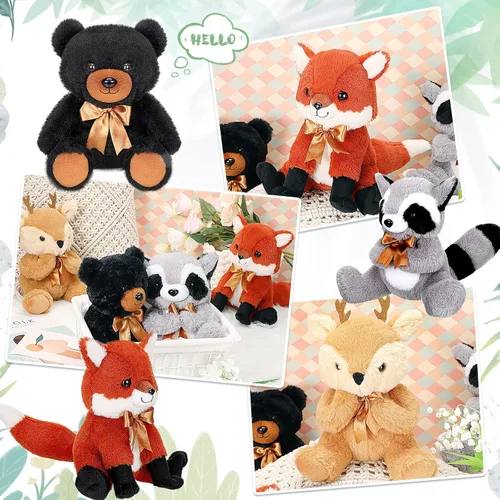 Miniatura 4 de Zomiboo Juego de 4 piezas de animales de peluche del bosque, de la selva, incluye peluche de alce, zorro, mapache, oso, realista, negro, animales