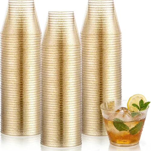 Miniatura 11 de Hioasis 200 Piezas Vasos Transparentes de 9 OZ - Vasos Desechables de Plástico con Borde Dorado, Resistentes y Sin BPA para Fiestas, Bodas