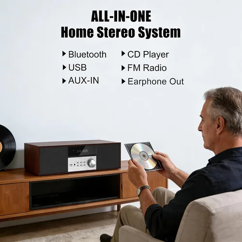 Miniatura 4 de LONPOO Sistemas de sistema estéreo con reproductor de CD, reproductores de CD de 40 W para el hogar, Bluetooth, reproducción USB, radio FM, entrada