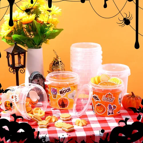 Miniatura 2 de Sliner 20 cubos pequeños para dulces de Halloween de 34 onzas, 100 calcomanías de terror, cubetas de ron de cóctel con tapa y asa para Halloween
