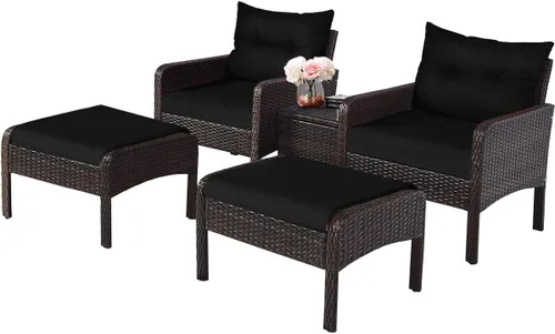 HAPPYGRILL Juego de muebles de patio de 5 piezas para exteriores, juego de conversación de mimbre de ratán con mesa auxiliar, sofás acolchados y