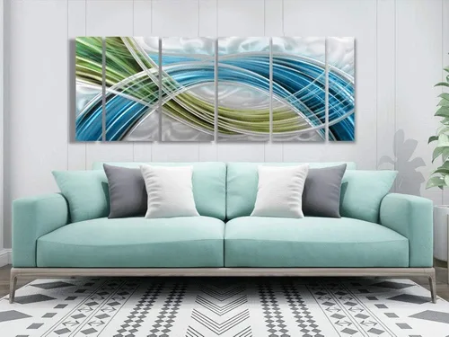 Miniatura 6 de Yihui Arts Arte abstracto de pared de metal, hecho a mano, 5 paneles grandes, grandes, azul, verde azulado, plateado, único, aluminio 3D, moderno