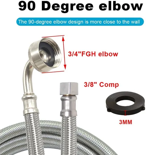 Miniatura 2 de TTFLEX Manguera universal para lavavajillas con codo FGH de 90 grados, línea de suministro de agua, acero inoxidable trenzado de alta calidad, 6 pies