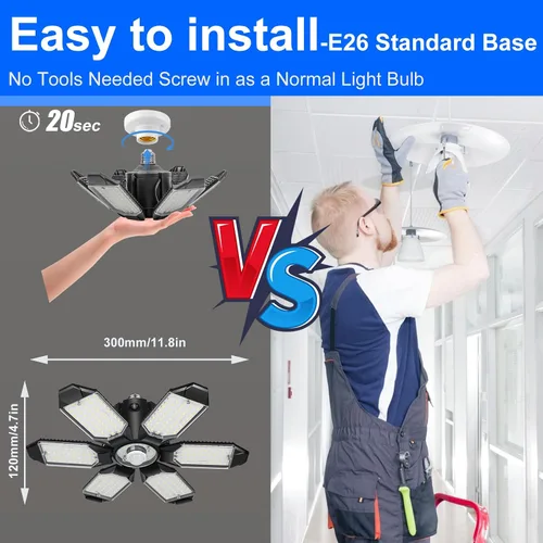 Miniatura 6 de Luces LED de garaje, 180 W, 18000 lúmenes, luz de techo de garaje deformable con 6+1 paneles ajustables, base E26/E27 6500 K, luz diurna LED