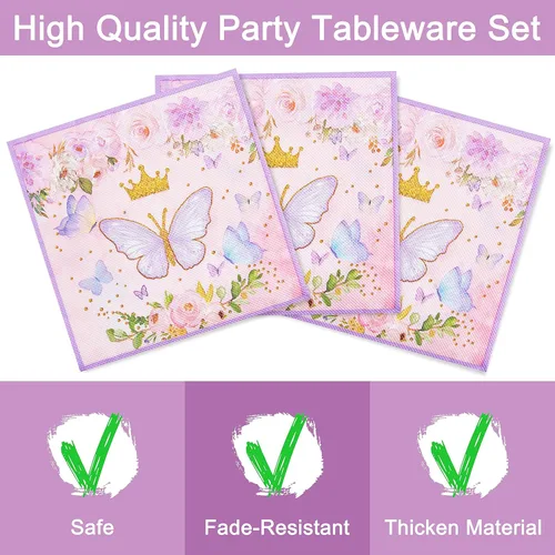 Miniatura 4 de Juego de 96 platos de mariposa para fiesta de cumpleaños, servilletas, tenedores, suministros de vajilla, juego de vajilla desechable, decoración