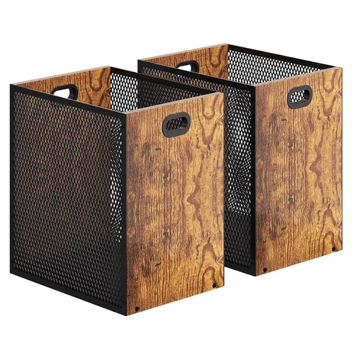 Miniatura 11 de Huxitocan - Cubo de basura retro para oficina, combinación de hierro y madera para dormitorio, cesta de basura rectangular con asa, diseño