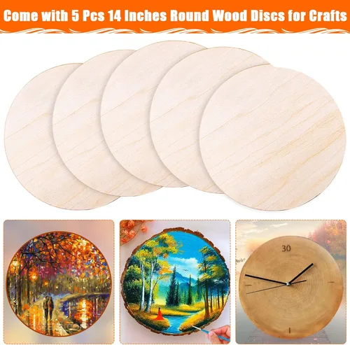 Miniatura 2 de Audab Paquete de 5 círculos de madera de 14 pulgadas sin terminar para manualidades, colgador de puerta, diseño de puerta, quema de madera