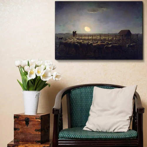 Miniatura 2 de wall26 - The Sheepfold, Moonlight by Jean-Francois Millet - Lienzo impreso en pared, reproducción de pintura famosa, 12" x 18