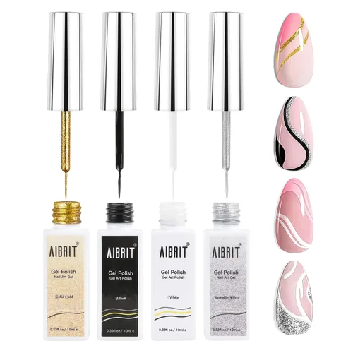Juego de esmaltes de gel de 0.3 fl oz, 4 colores, negro, blanco, oro, plata, con pincel fino en botella para espiral/euforia, consejos franceses,