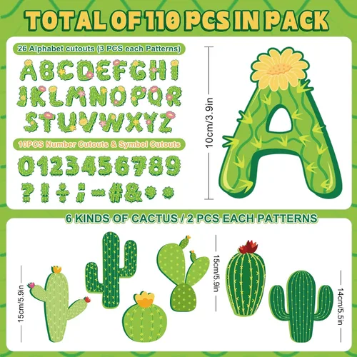 Miniatura 2 de Whaline 110 piezas de cactus para decoración de aula, letras del alfabeto de cactus, números del alfabeto, símbolos de recortes de letras de cactus