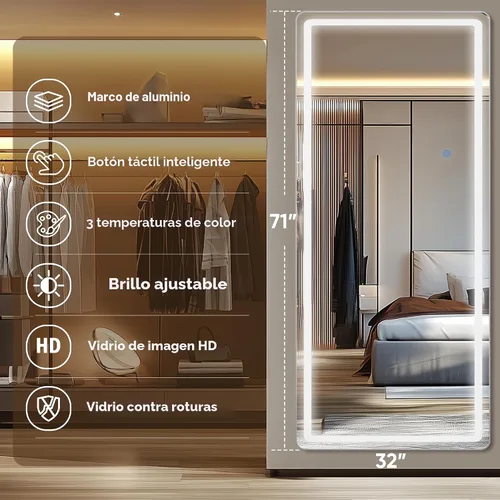 Miniatura 5 de Antok Espejo LED de longitud completa con luz, espejo iluminado de cuerpo completo de 56 x 20 pulgadas con soporte, regulable y iluminación de 3