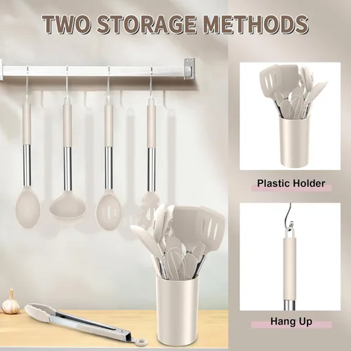 Miniatura 6 de E-far Juego de utensilios de cocina de silicona, 14 piezas, color caqui, con soporte, espátulas de herramientas de cocina con mango de acero