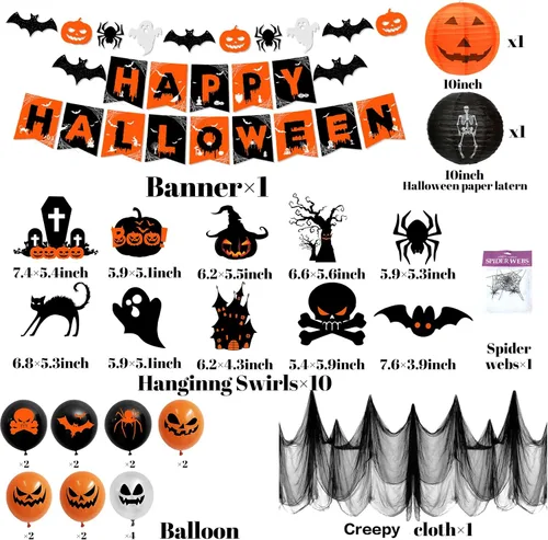 Miniatura 6 de Decoraciones de Halloween, decoraciones de fiesta de Halloween naranja y negro, remolinos colgantes, pancarta de araña de fantasma y murciélago