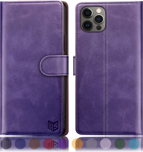 SUANPOT Funda de piel tipo cartera para iPhone 12 Pro Max con bloqueo RFID, tarjetero de crédito, libro de folio magnético de poliuretano para Apple