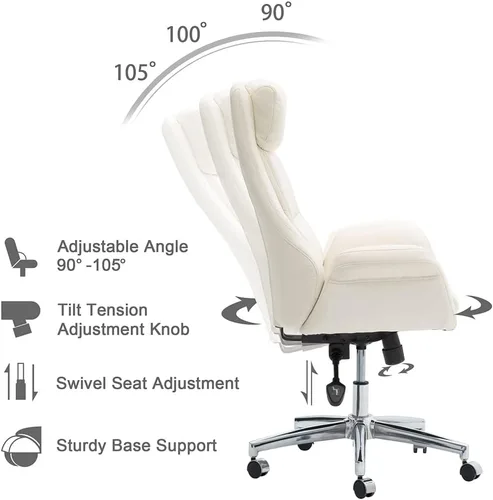 Miniatura 6 de Glitzhome Silla ejecutiva moderna de oficina para el hogar con respaldo alto - Silla de escritorio giratoria ajustable de cuero con apoyabrazos Crema
