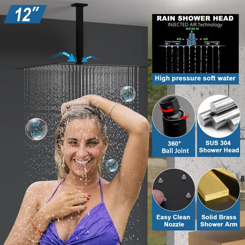 Miniatura 5 de Enga Sistema de ducha de lluvia negro mate con 4 chorros corporales, ducha de lluvia de 12 pulgadas montada en pared, sistema de cabezal de ducha