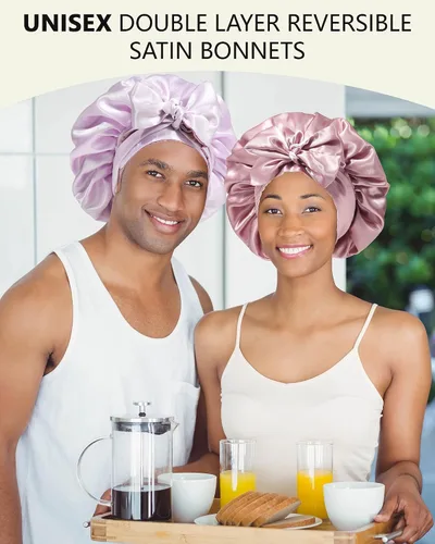 Miniatura 2 de Gorras de satén de seda para mujeres, envoltura de cabello rizado para dormir, gorra reversible con banda de corbata, gorra de dormir de doble capa