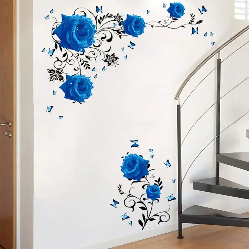 Miniatura 5 de Supzone Calcomanías de pared de rosas azules, diseño de flores y vides, decoración de pared floral de peonía azul, arte mural de vinilo