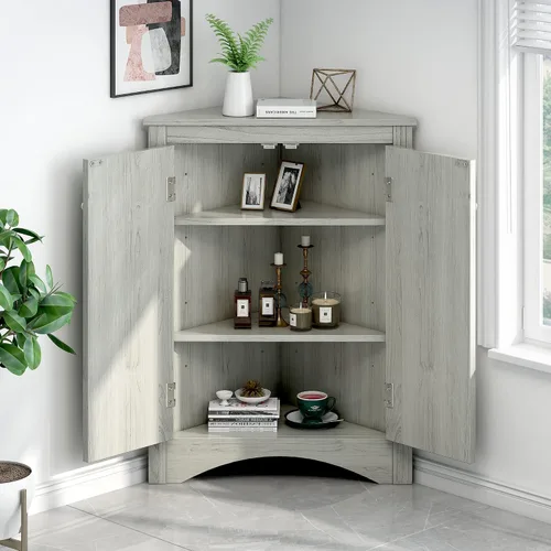 Miniatura 4 de Bellemave Armario de almacenamiento esquinero con 2 puertas y estantes ajustables de 2 niveles, armario de baño independiente para baño, sala