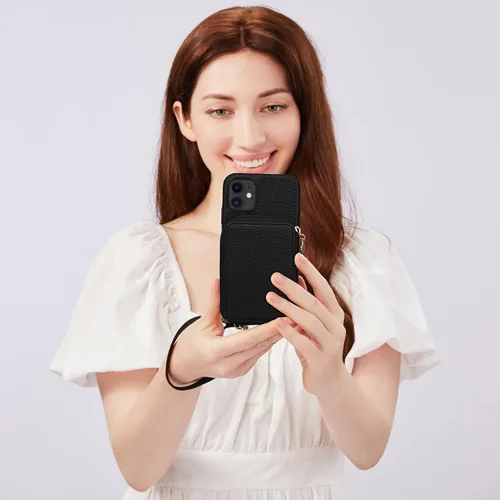 Miniatura 2 de Funda para iPhone 11 de 6.1 pulgadas, cartera cruzada con cremallera y ranuras para tarjetas de bloqueo RFID, soporte de soporte, cordón desmontable