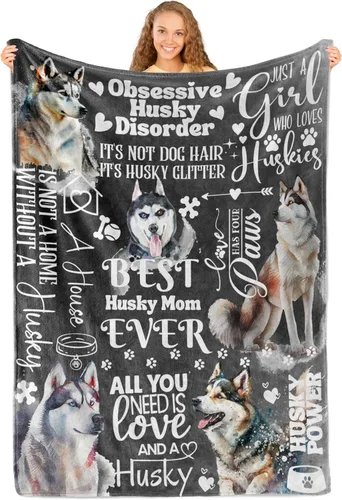 Huglanket Regalos Husky, manta de franela para mujer, manta de franela para amantes de los perros, dueño de perros, 65 x 50 pulgadas, color negro