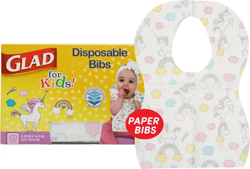 Glad Baberos de papel desechables de unicornio para niños con recogedor de migas, baberos absorbentes a prueba de fugas para niños pequeños y bebés,