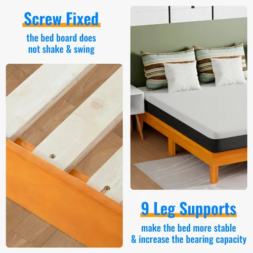Miniatura 6 de PayLessHere Marco de cama de madera con plataforma tamaño Queen, sin cabecero, no necesita somier, listones de madera, soporte sin ruido, fácil