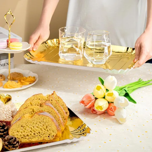 Miniatura 4 de 10 piezas de bandejas rectangulares doradas, de papel de cartón desechable resistente para platos, para elegante mesa de postres, exhibición