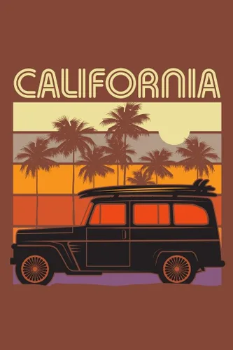 California Vintage Retro Travel with Classic Car Surf Board on Roof Surfing Beach Palm Trees Photo Illustration Cool Wall Art Poster 24x36