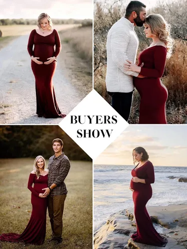 Miniatura 3 de Ecavus - Vestido de maternidad para mujer con hombros descubiertos, cuello en V, manga larga, para sesión de fotos