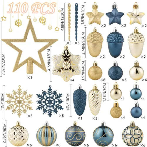 Miniatura 6 de Juego de 110 adornos de bolas de Navidad, adornos de Navidad surtidos azules y dorados para árbol de Navidad, bolas de plástico irrompibles