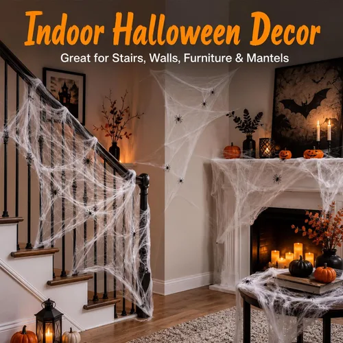 Miniatura 5 de MAQIHAN Telarañas de 1200 pies cuadrados para decoración de Halloween, telarañas de Halloween con 40 arañas falsas, telarañas súper elásticas
