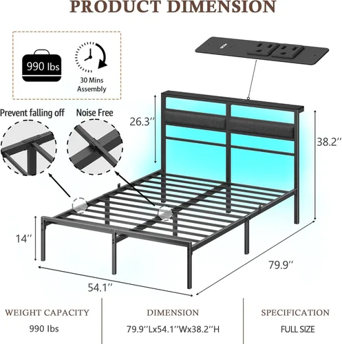 Miniatura 2 de OURPIC Estructura de cama de tamaño completo con cabecero, estructura de cama tamaño completo con luz LED y estación de carga, base de cama de Negro