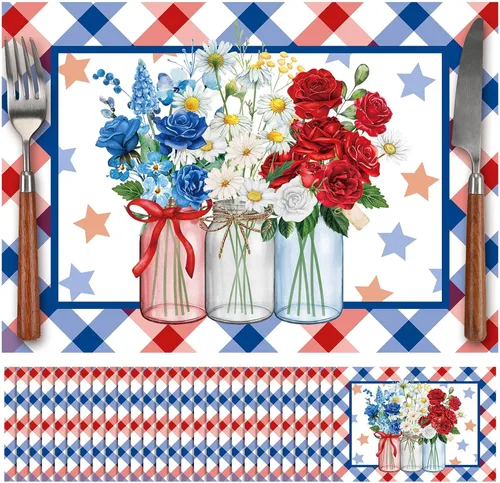 Eaasty 50 manteles individuales de papel patrióticos florales para el 4 de julio, manteles desechables con flores a cuadros para el Día de la