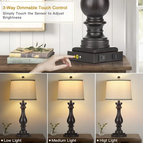 Miniatura 2 de Rinweey - Lámpara de mesa de granja de 29" para sala de estar, lámpara de mesita de noche vintage con puertos USB C+A y salida de AC, lámpara
