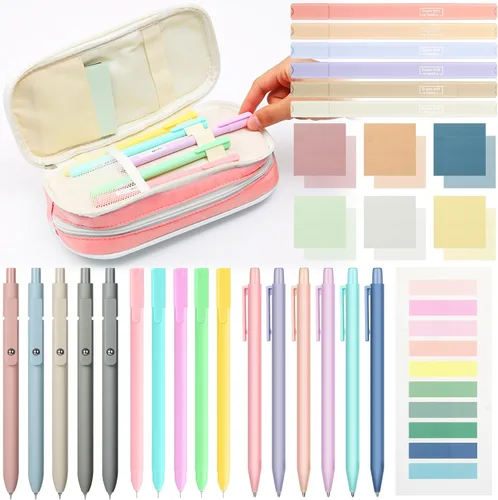 30 piezas de suministros escolares estéticos con estuche, 6 lápices mecánicos, 5 bolígrafos, 5 bolígrafos de secado rápido, 6 resaltadores pastel,