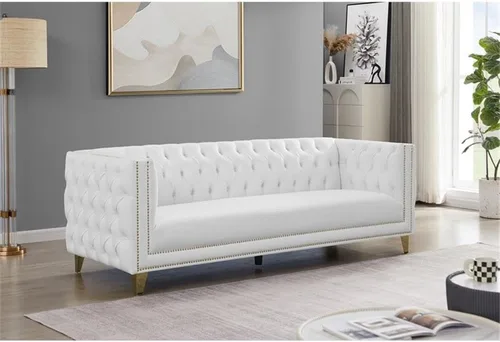 Miniatura 2 de Meridian Furniture 651White-S Colección Michelle Moderna Sofá contemporáneo con botones profundos, ribete dorado de cabeza de clavo y patas