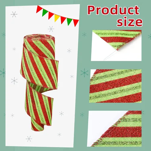 Miniatura 3 de 2 rollos de cinta de Navidad con puntos con alambre con rayas para envolver con alambre, cinta de tela colorida, cintas decorativas de Navidad